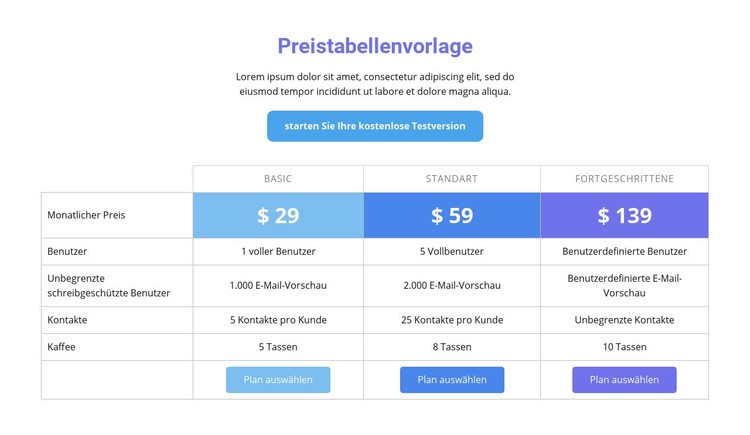 Preistabellenvorlage Website Builder-Vorlagen