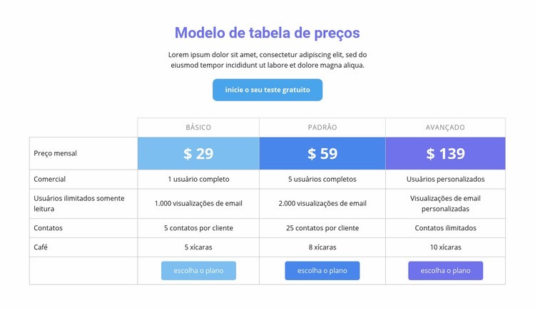 Modelo de tabela de preços Design do site