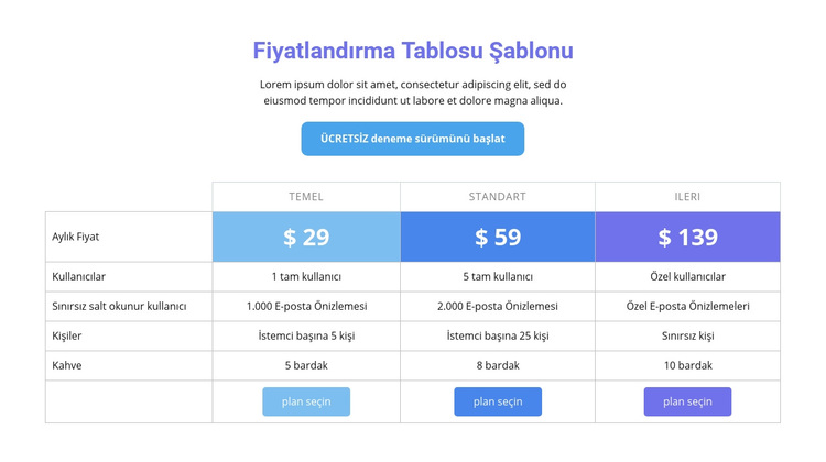 Fiyatlandırma tablosu şablonu WordPress Teması