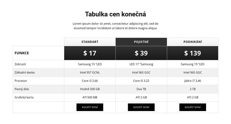 Jednoduchý design cenové tabulky Webový design