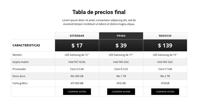 Diseño de tabla de precios simple Maqueta de sitio web