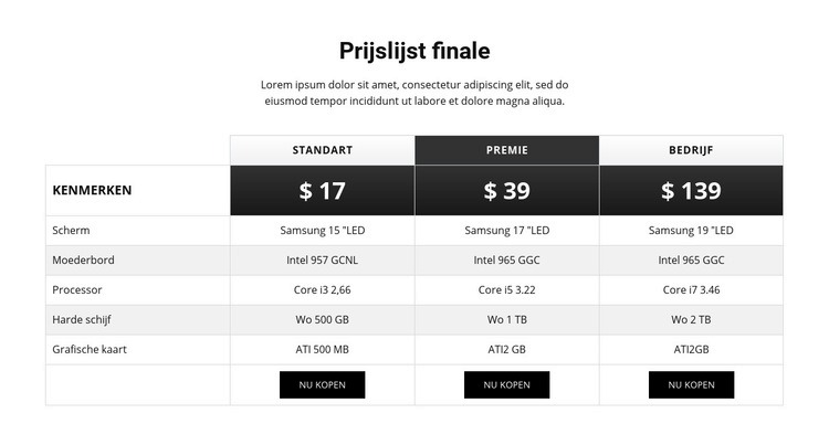 Eenvoudig ontwerp van prijstabel HTML5-sjabloon