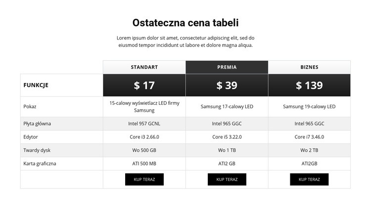 Prosty projekt tabeli cen Szablony do tworzenia witryn internetowych