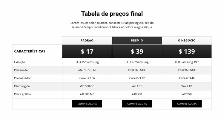 Design de tabela de preços simples Template Joomla