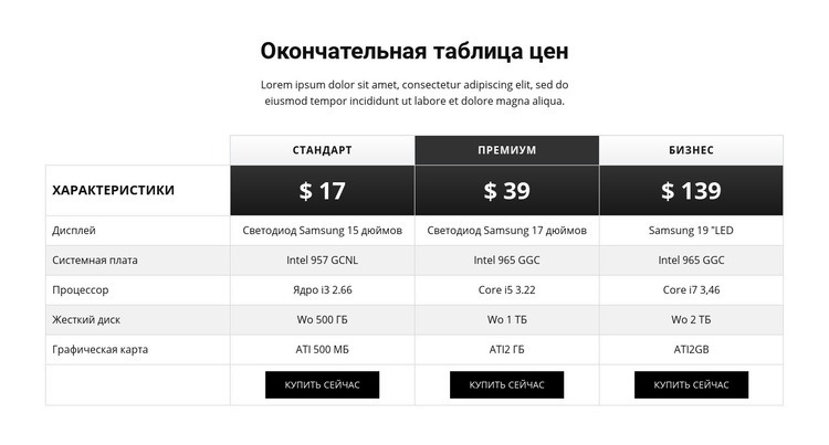 Простой дизайн таблицы цен Мокап веб-сайта