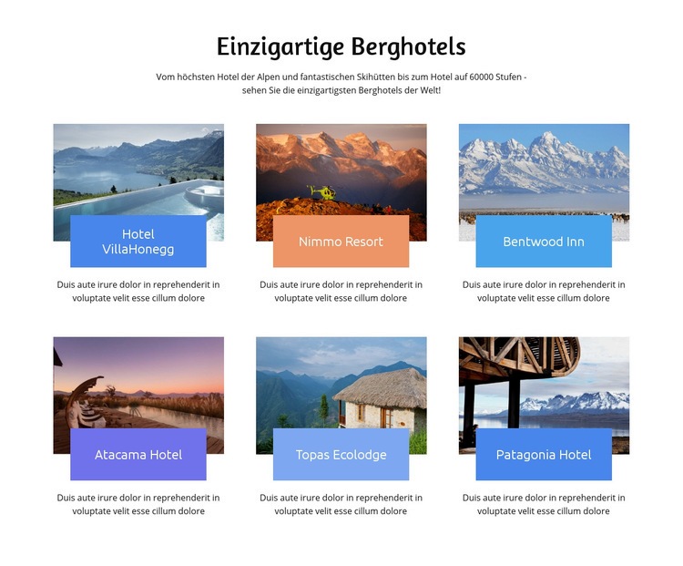 Einzigartige Berg-Hotesls Eine Seitenvorlage