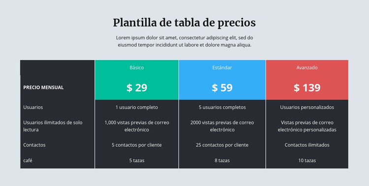 Tabla de precios con fondo oscuro Tema de WordPress