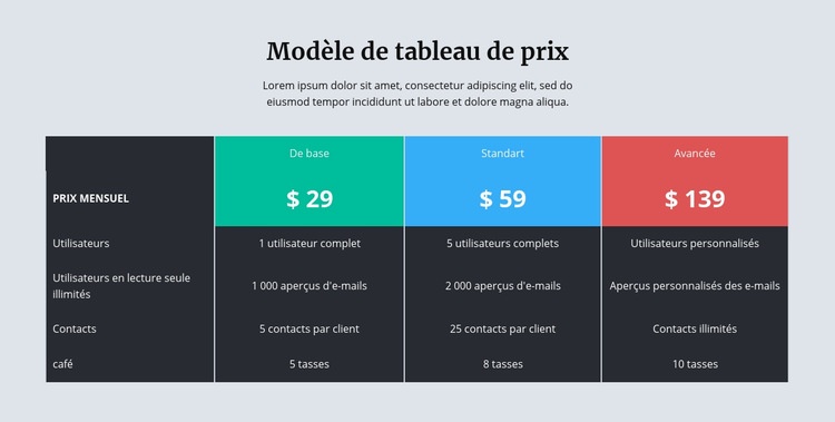 Tableau des prix avec fond sombre Conception de site Web