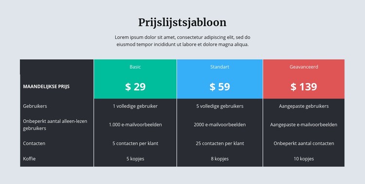 Prijslijst met donkere achtergrond CSS-sjabloon