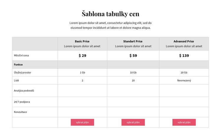 Cenové plány Šablona HTML