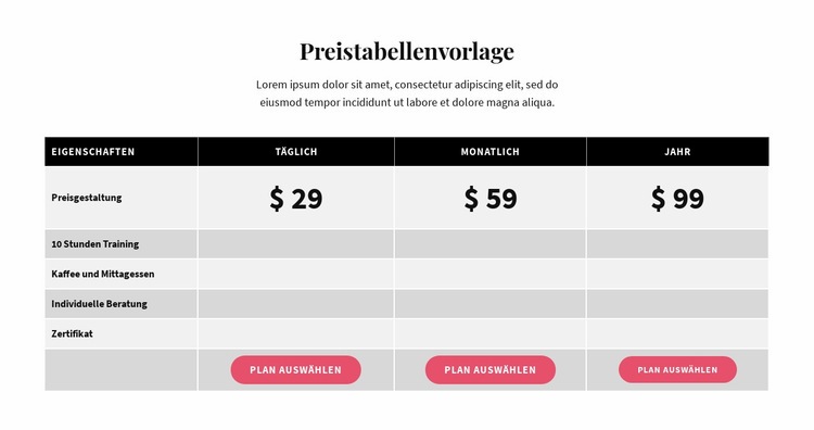 Picing-Tabelle CSS-Vorlage