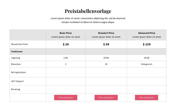 Preispläne HTML-Vorlage