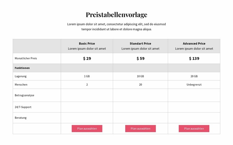 Preispläne Joomla Vorlage