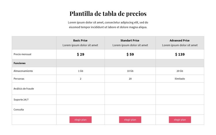 Planes de precios Creador de sitios web HTML