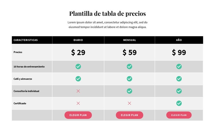 Mesa de Picing Plantillas de creación de sitios web