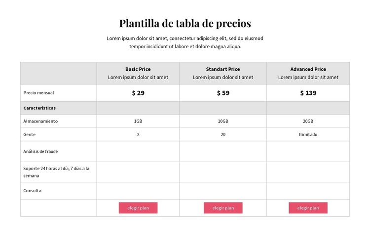 Planes de precios Plantilla HTML