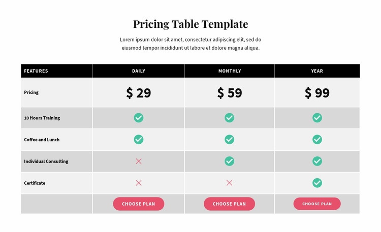 Picing Table Html Code Example