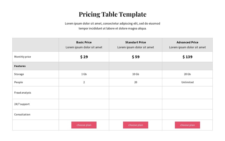 Pricing plans Joomla Template
