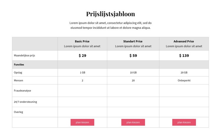 Prijsplannen Bestemmingspagina