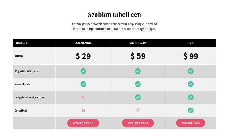 Picing Table Szablon HTML5