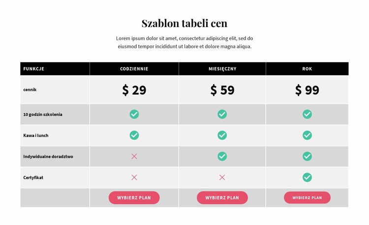 Picing Table Szablon Joomla