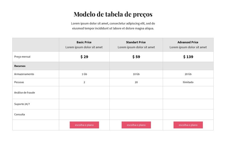 Planos de preços Design do site