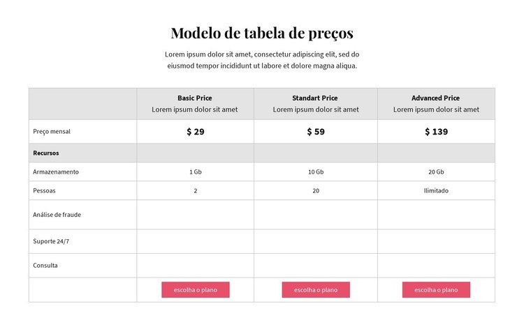 Planos de preços Modelo de uma página