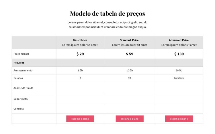 Planos de preços Landing Page