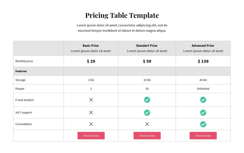 Pricing plans Squarespace Template Alternative