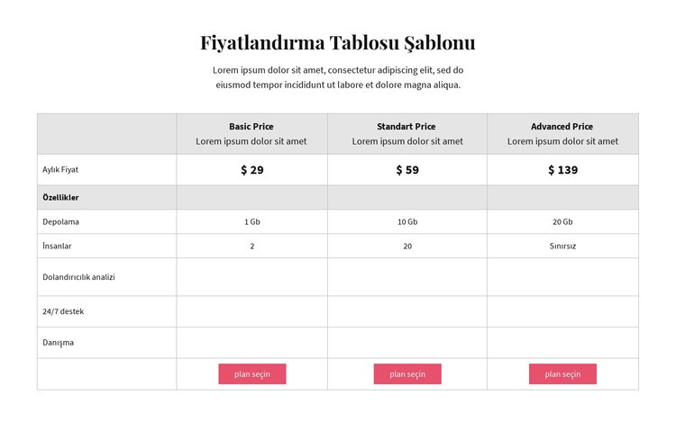 Fiyatlandırma planları Web Sitesi Oluşturucu Şablonları