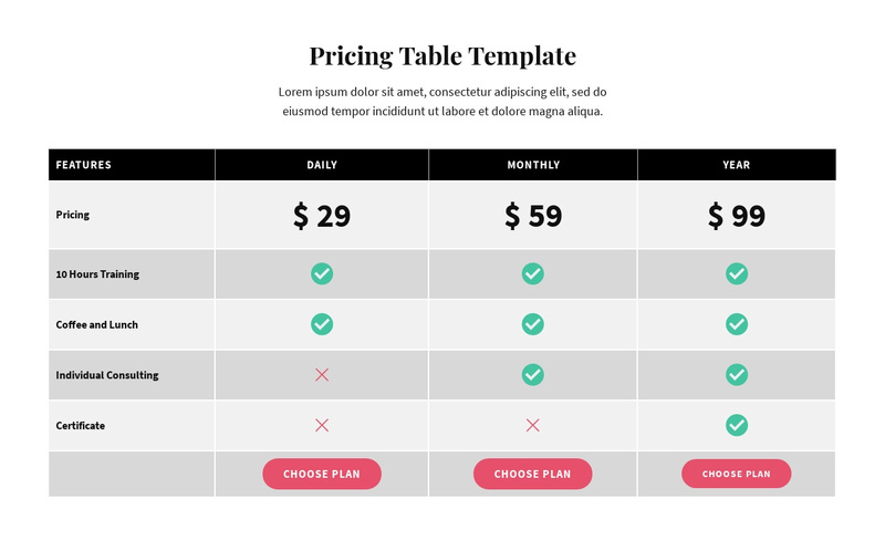 Picing Table Web Page Design