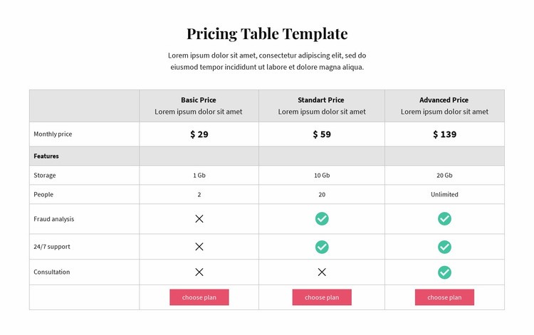 Pricing plans Webflow Template Alternative