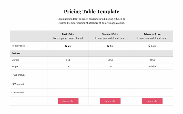 Pricing plans Website Design