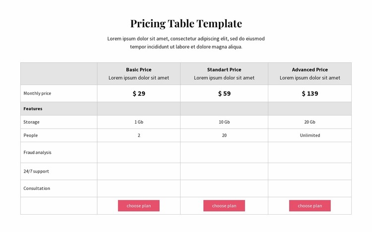 Pricing plans Website Mockup