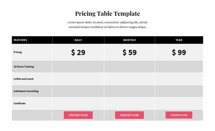 Picing Table Website Template