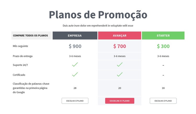 Planos de Promoção Design do site