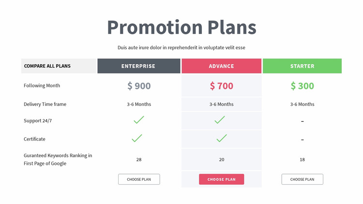 Promotion Plans Website Mockup