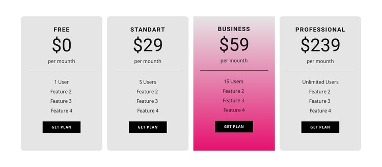 Pricing table with gradient CSS Template