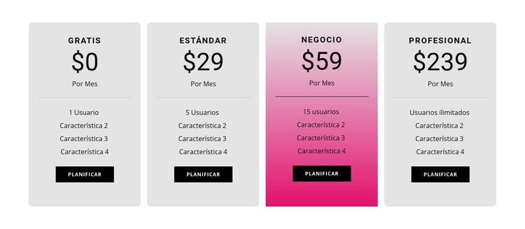 Tabla de precios con degradado Página de destino