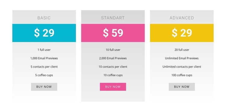 Basic, standart and advanced plans CSS Template