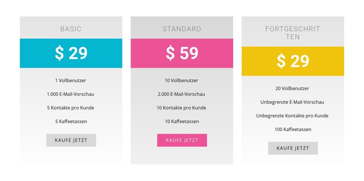 Grundlegende, Standard- und fortgeschrittene Pläne HTML5-Vorlage