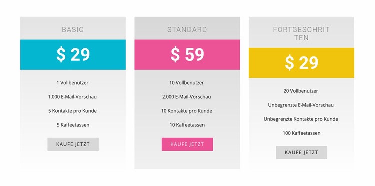 Grundlegende, Standard- und fortgeschrittene Pläne Website Builder-Vorlagen