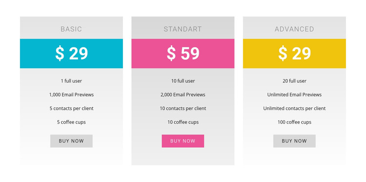 Basic, standart and advanced plans Homepage Design