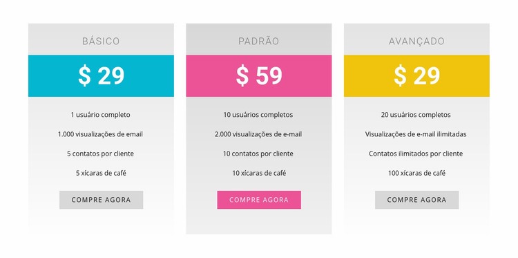 Planos básicos, padrão e avançados Landing Page