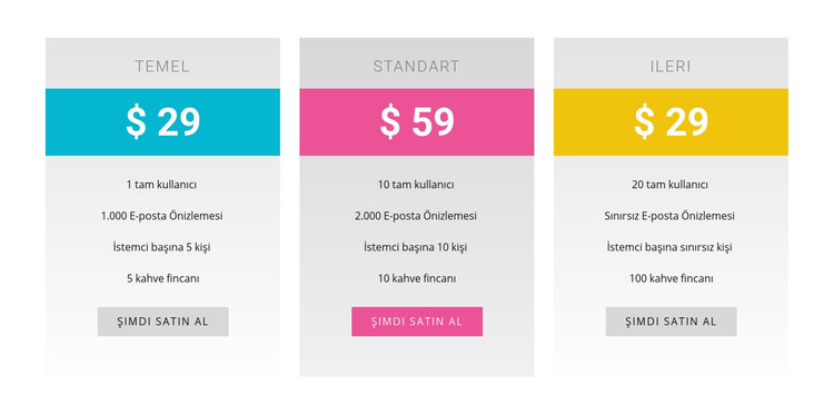 Temel, standart ve gelişmiş planlar HTML Şablonu