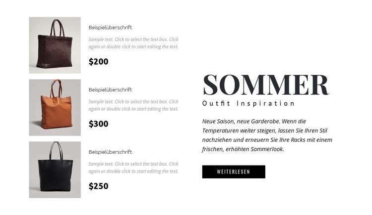 Sammlung von Taschen Landing Page