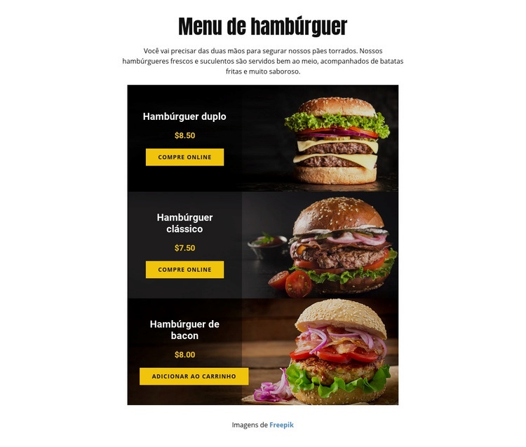 Menu de hambúrguer Landing Page