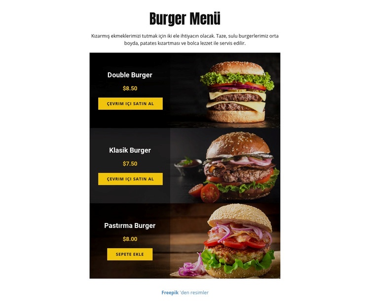 Burger Menü Web sitesi tasarımı