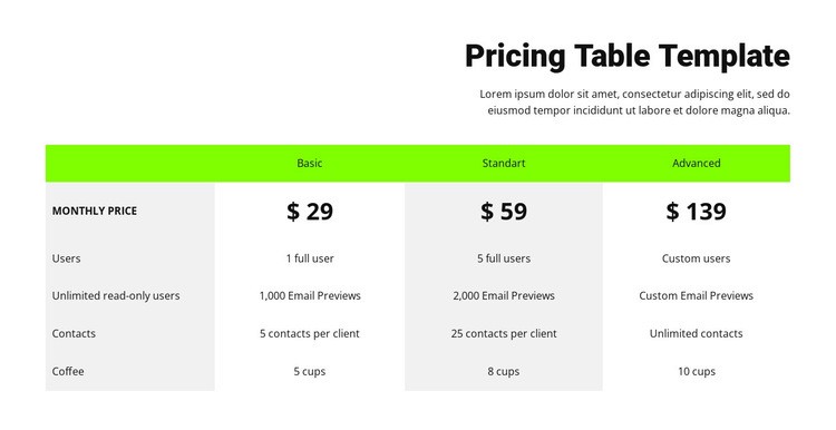 Cenová tabulka se zeleným záhlavím Html Website Builder