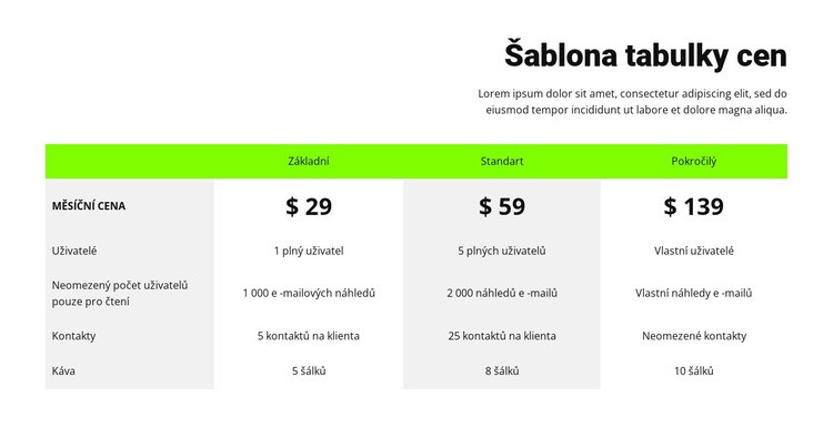 Cenová tabulka se zeleným záhlavím Šablona CSS